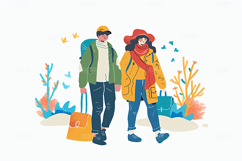 扁平风旅游手绘清新插画