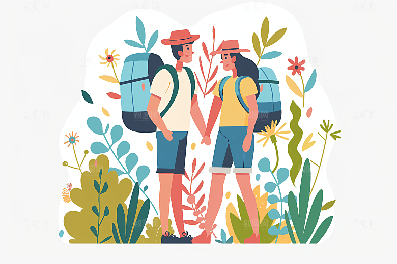 扁平风旅游氛围感手绘插画