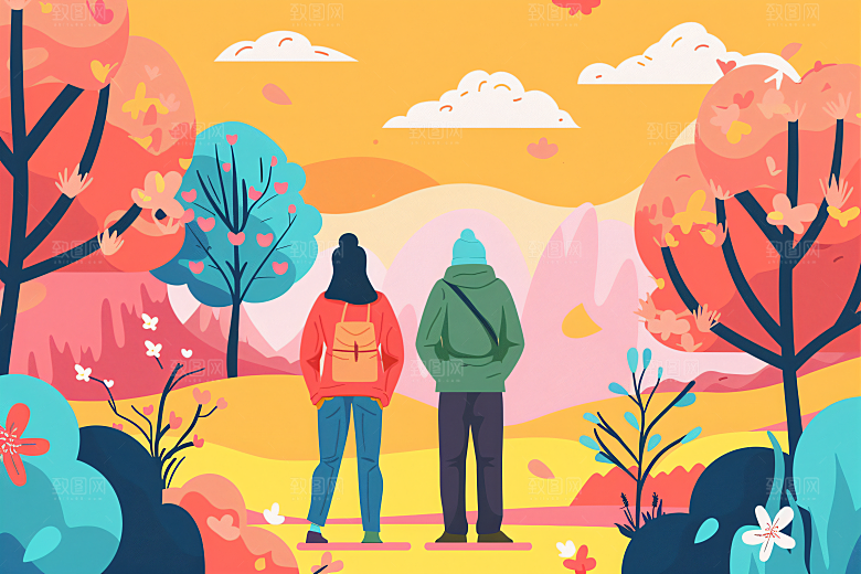 扁平风旅游踏青露营插画