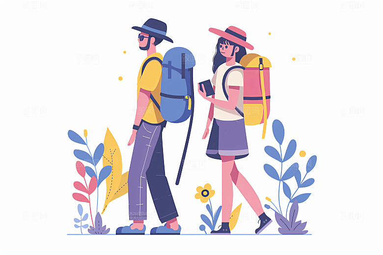 扁平风旅游自由行休闲插画