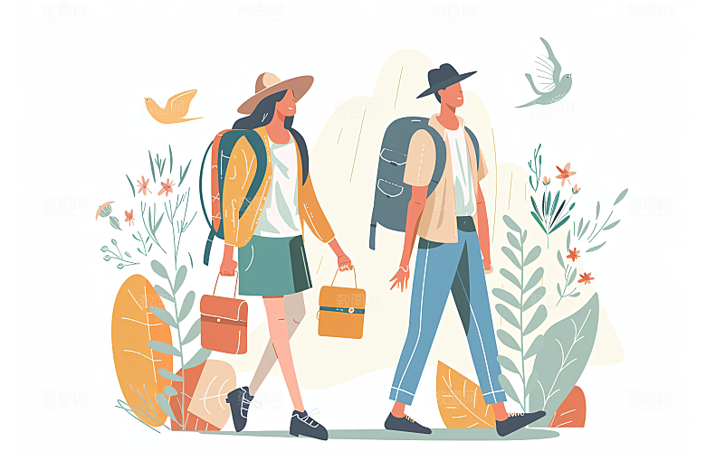 扁平风旅游自由行踏青插画