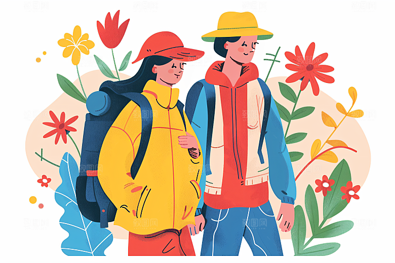 扁平风旅游踏青徒步插画