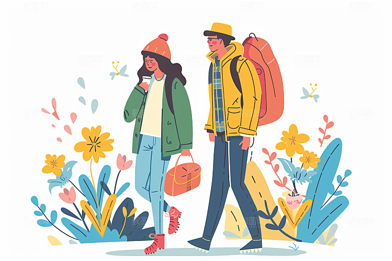 扁平风旅游氛围感手绘插画