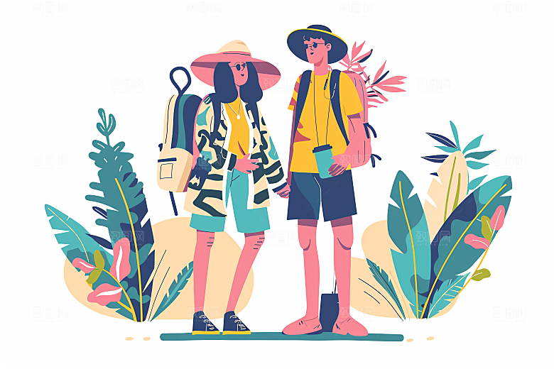 扁平风旅游徒步旅行插画
