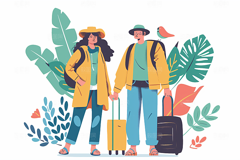 扁平风旅游踏青清新插画