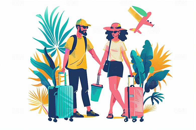 扁平风旅游氛围感自由行插画