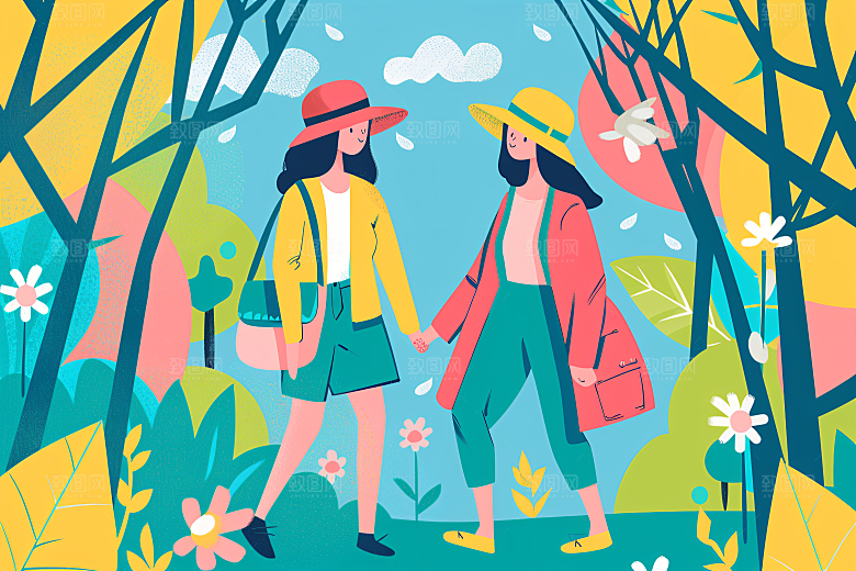 扁平风旅游山野踏青插画