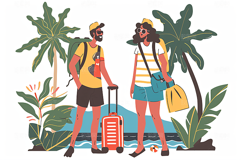 扁平风旅游氛围感徒步插画