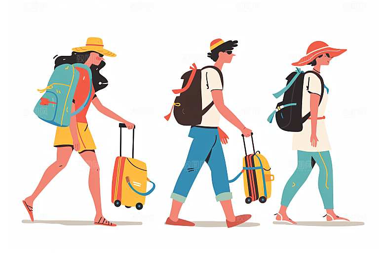 扁平风旅游手绘自由行插画