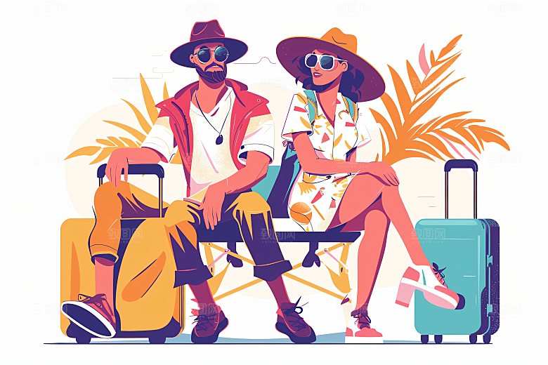 扁平风旅游氛围感旅行插画
