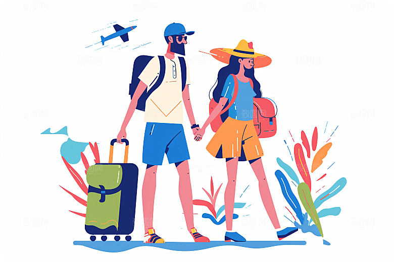 扁平风旅游自由行高清插画