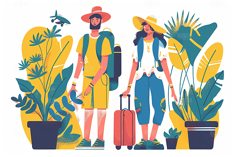 扁平风旅游氛围感自由行插画
