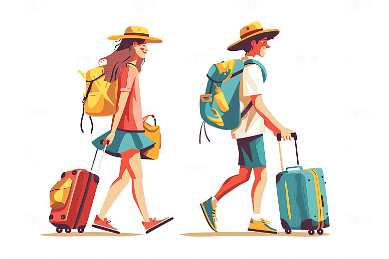 扁平风旅游氛围感彩色插画
