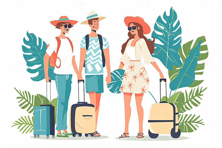 扁平风旅游自由行旅行插画