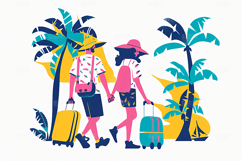 扁平风旅游手绘自由行插画
