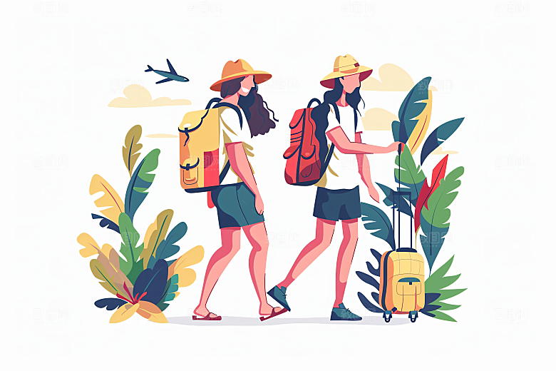 扁平风旅游简约踏青插画