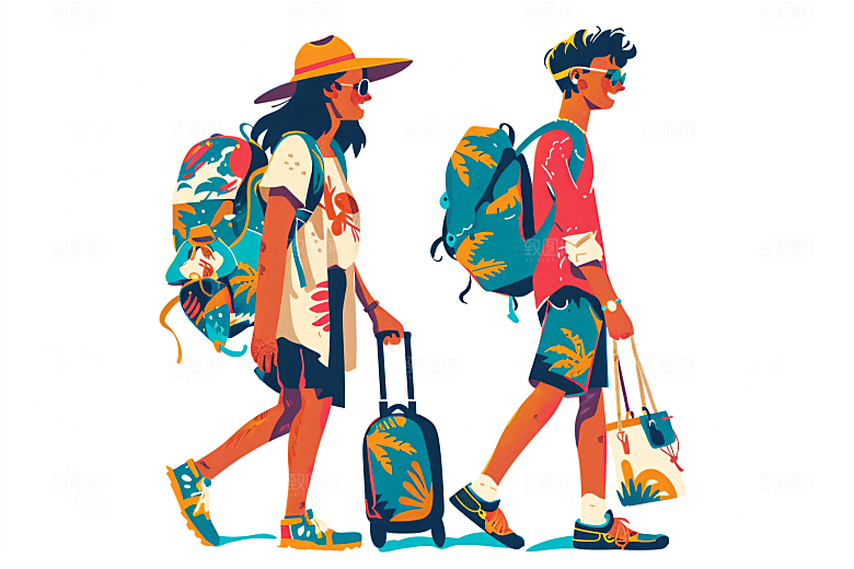 扁平风旅游徒步户外插画