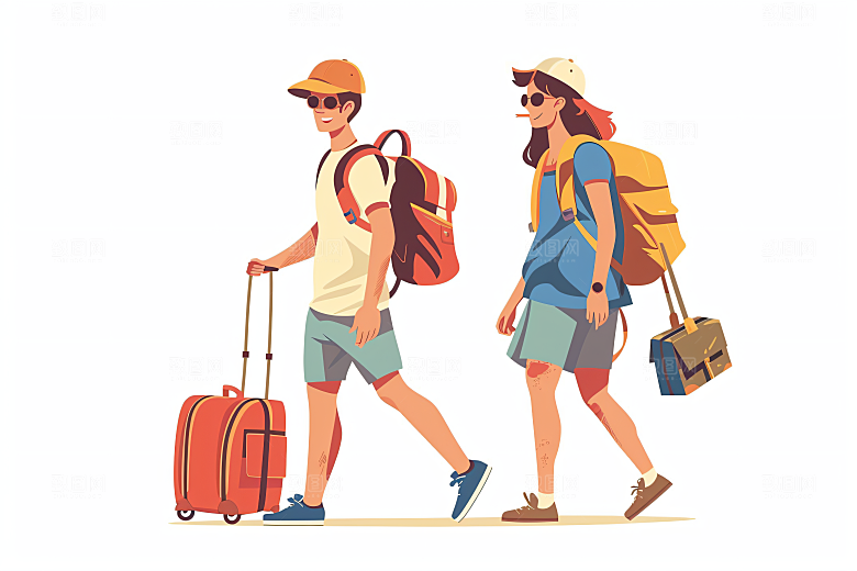 扁平风旅游自由行清新插画