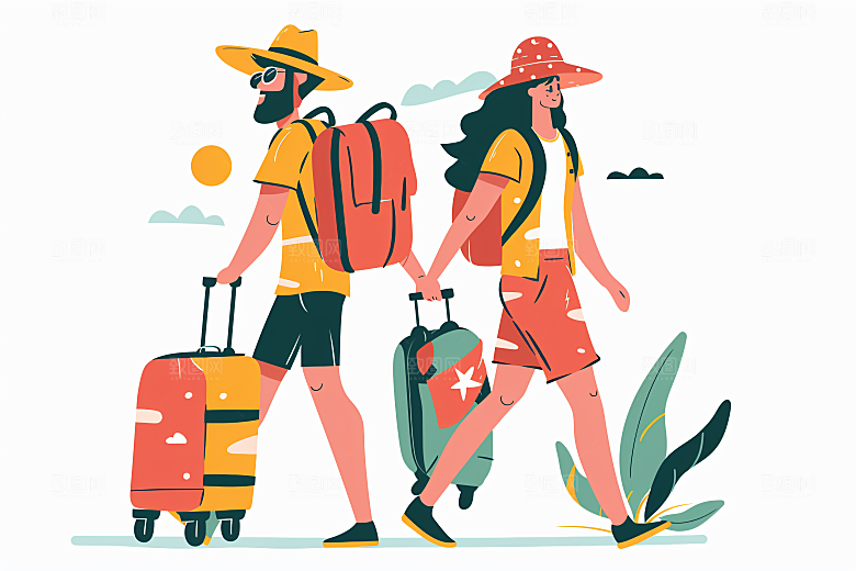 扁平风旅游徒步彩色插画