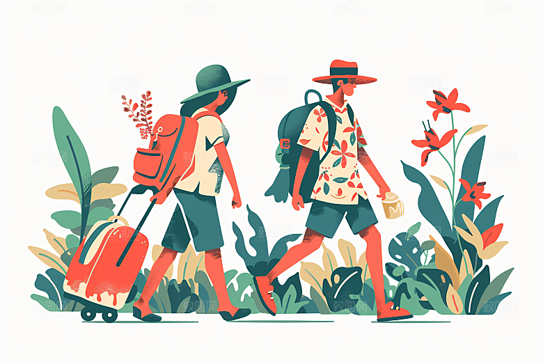 扁平风旅游露营手绘插画