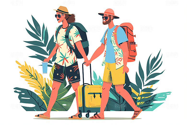 扁平风旅游踏青简约插画