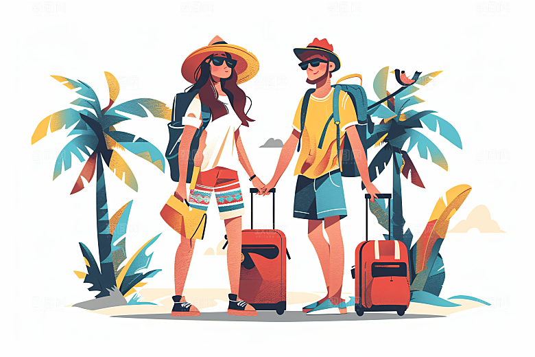 扁平风旅游彩色旅行插画