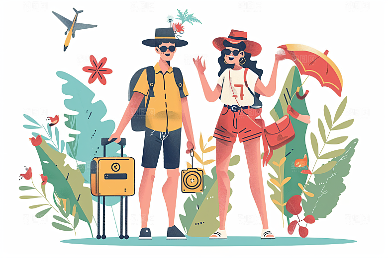扁平风旅游徒步彩色插画