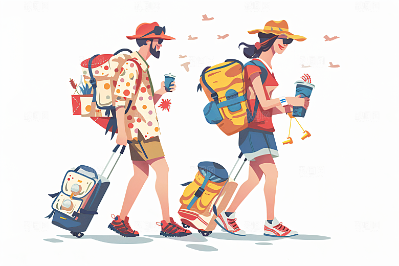 扁平风旅游自由行清新插画