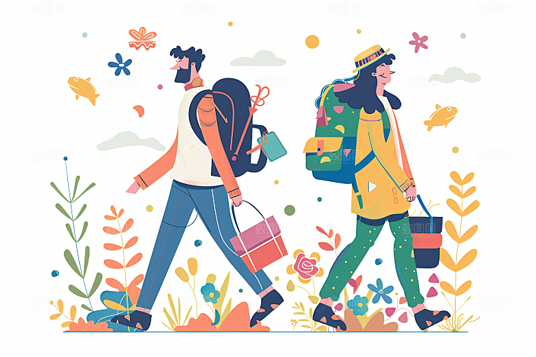 扁平风旅游手绘自然插画