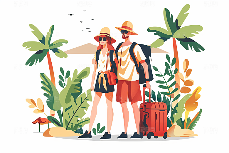 扁平风旅游自由行自然插画