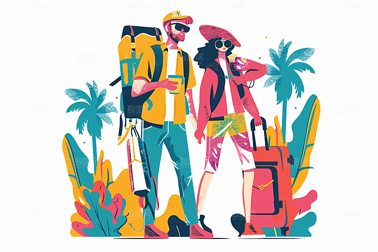 扁平风旅游徒步露营插画