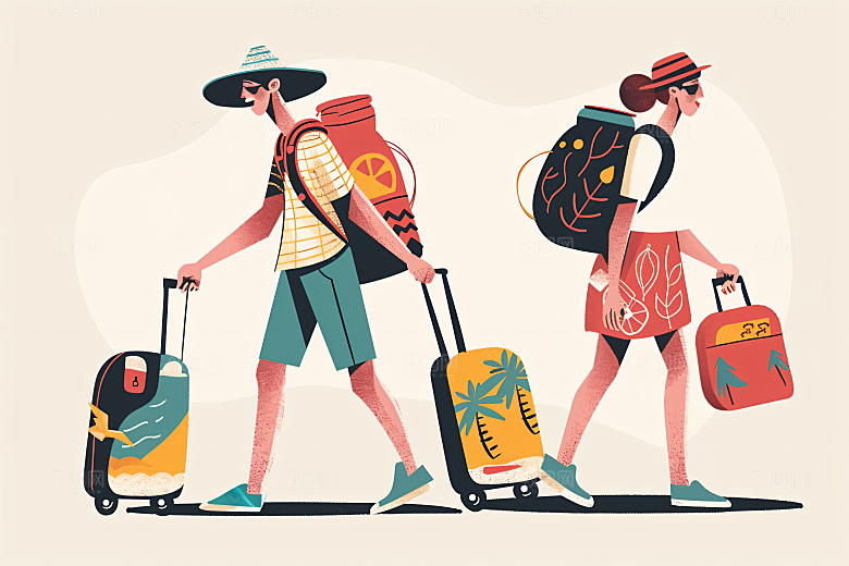 扁平风旅游手绘彩色插画