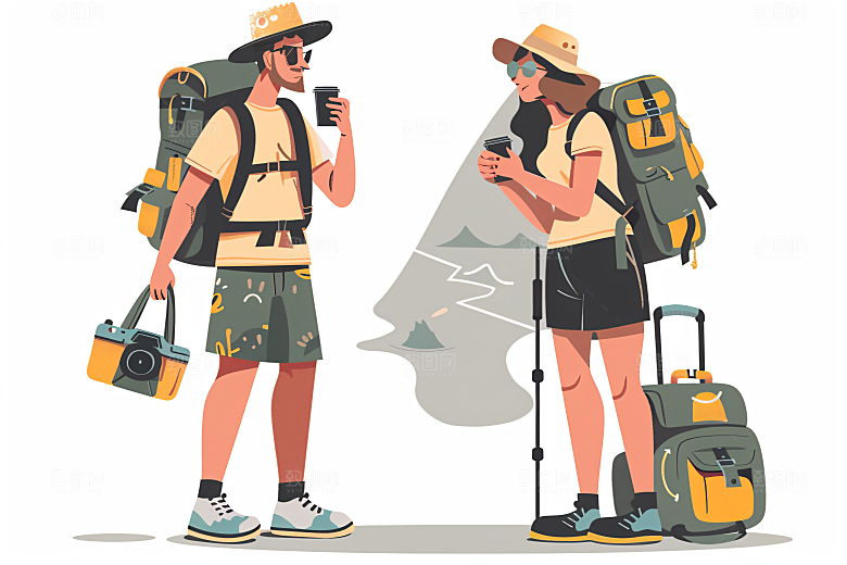 扁平风旅游露营旅行插画