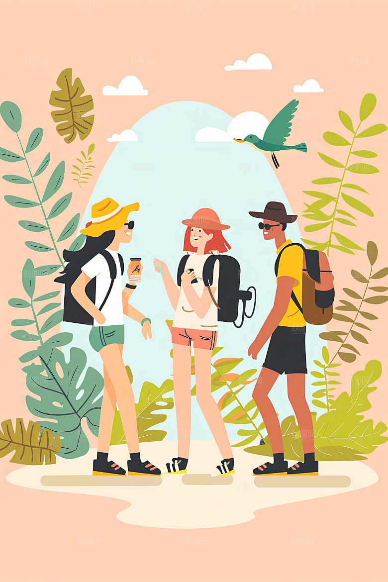扁平风旅游自由行户外插画