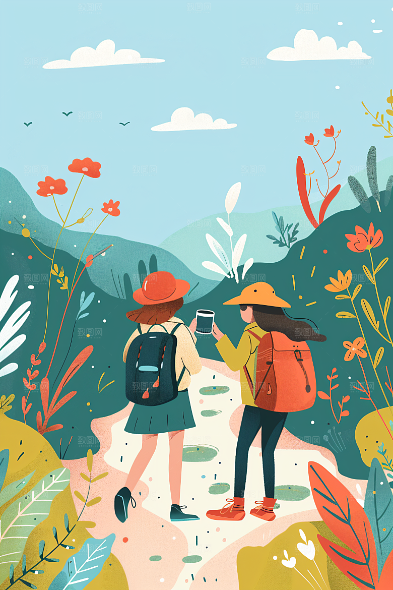 扁平风旅游户外踏青插画