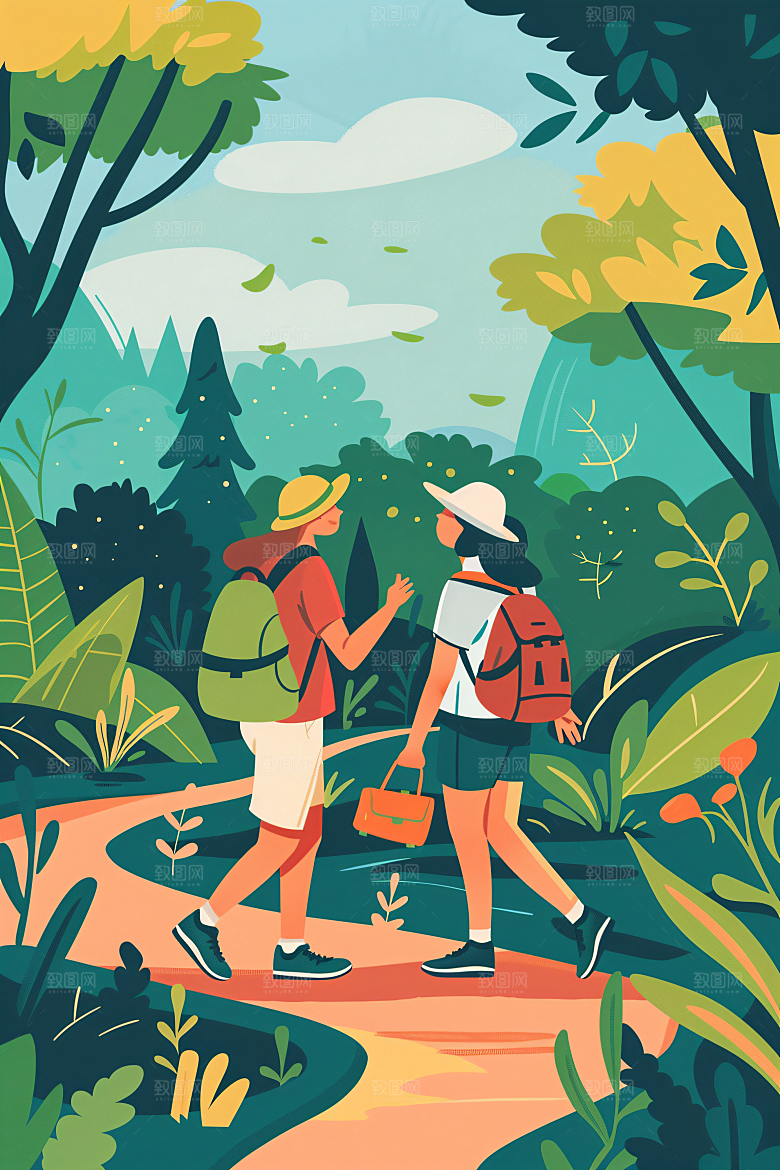 扁平风旅游简约自由行插画