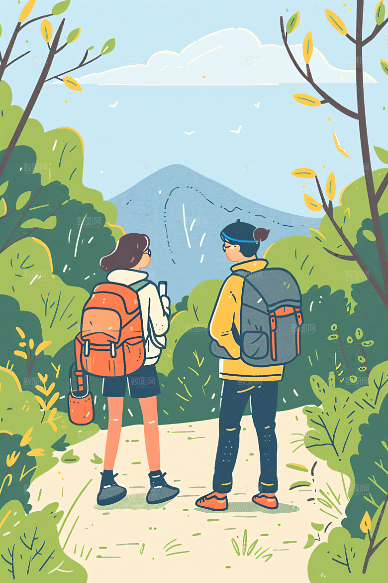 扁平风旅游彩色踏青插画