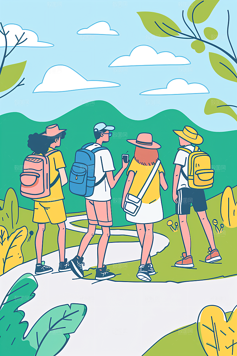 扁平风旅游山野清新插画