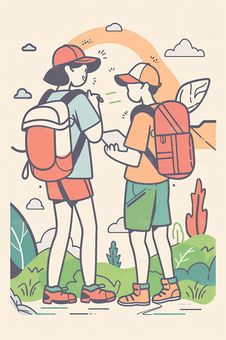 扁平风旅游彩色自由行插画