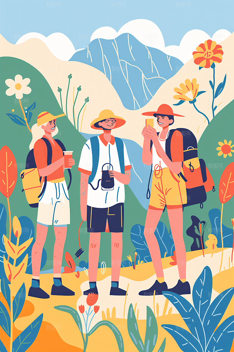 扁平风旅游清新自然插画