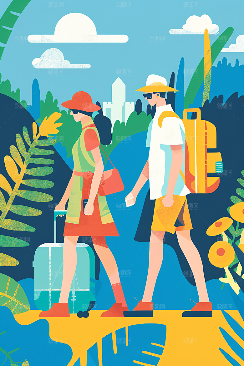 扁平风旅游徒步户外插画