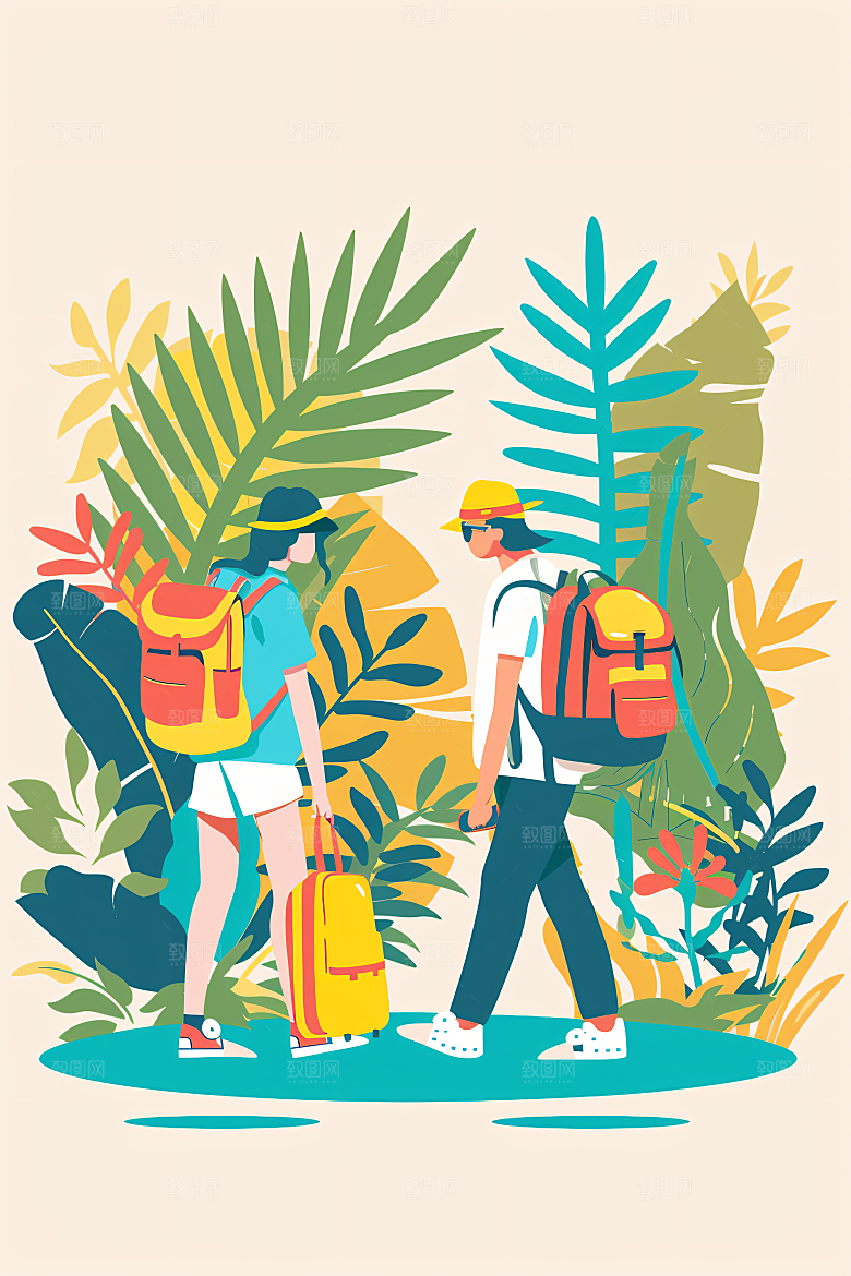 扁平风旅游休闲徒步插画