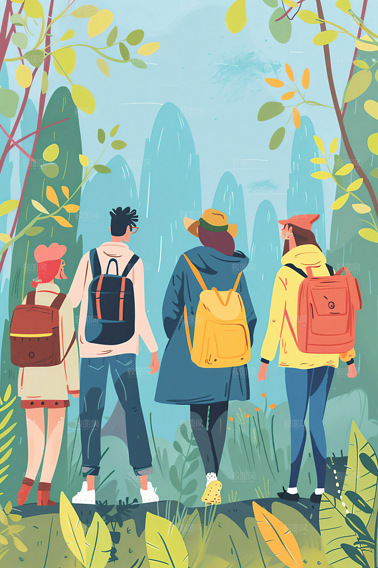 扁平风旅游露营徒步插画