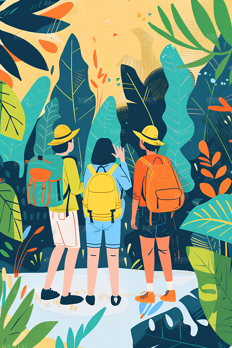 扁平风旅游清新徒步插画