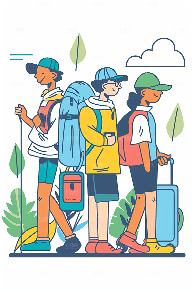 扁平风旅游氛围感徒步插画