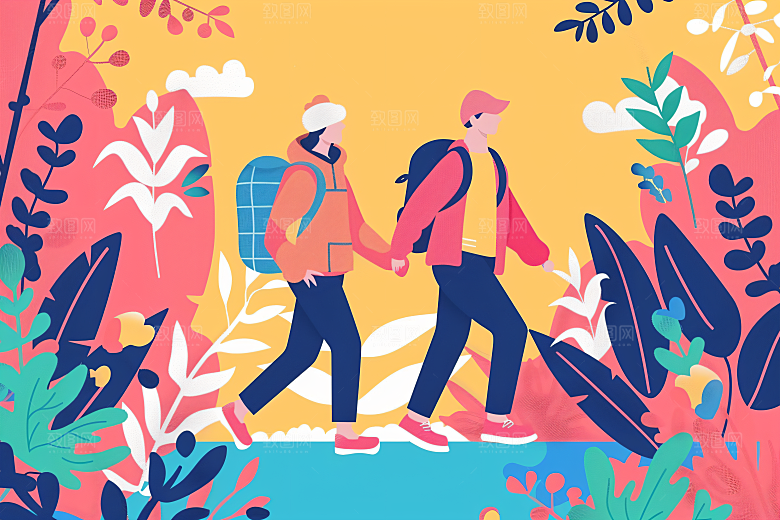 扁平风旅游彩色自由行插画