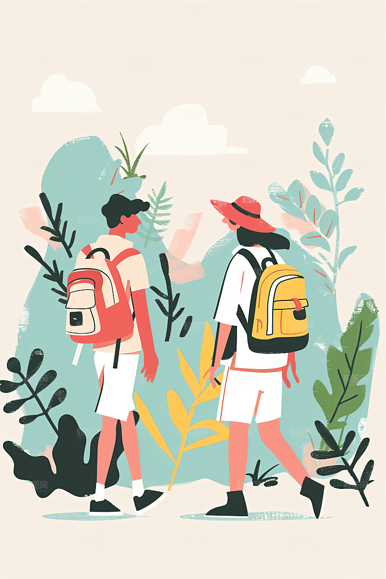 扁平风旅游彩色手绘插画