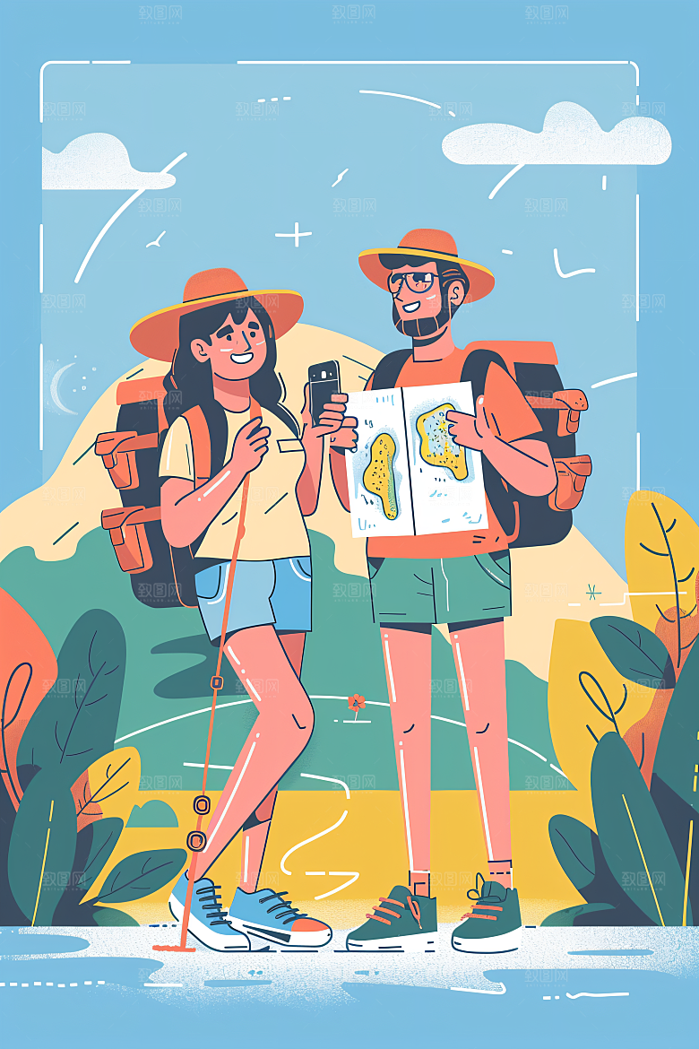 扁平风旅游踏青自然插画
