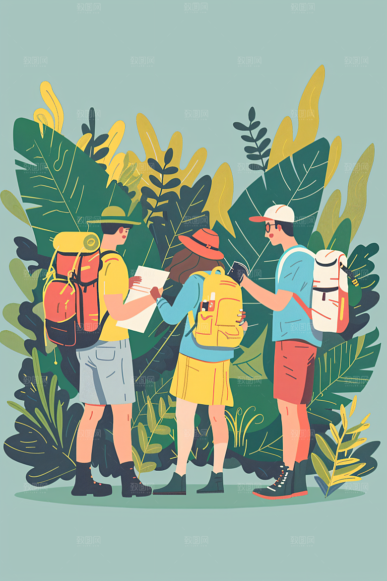 扁平风旅游自由行踏青插画