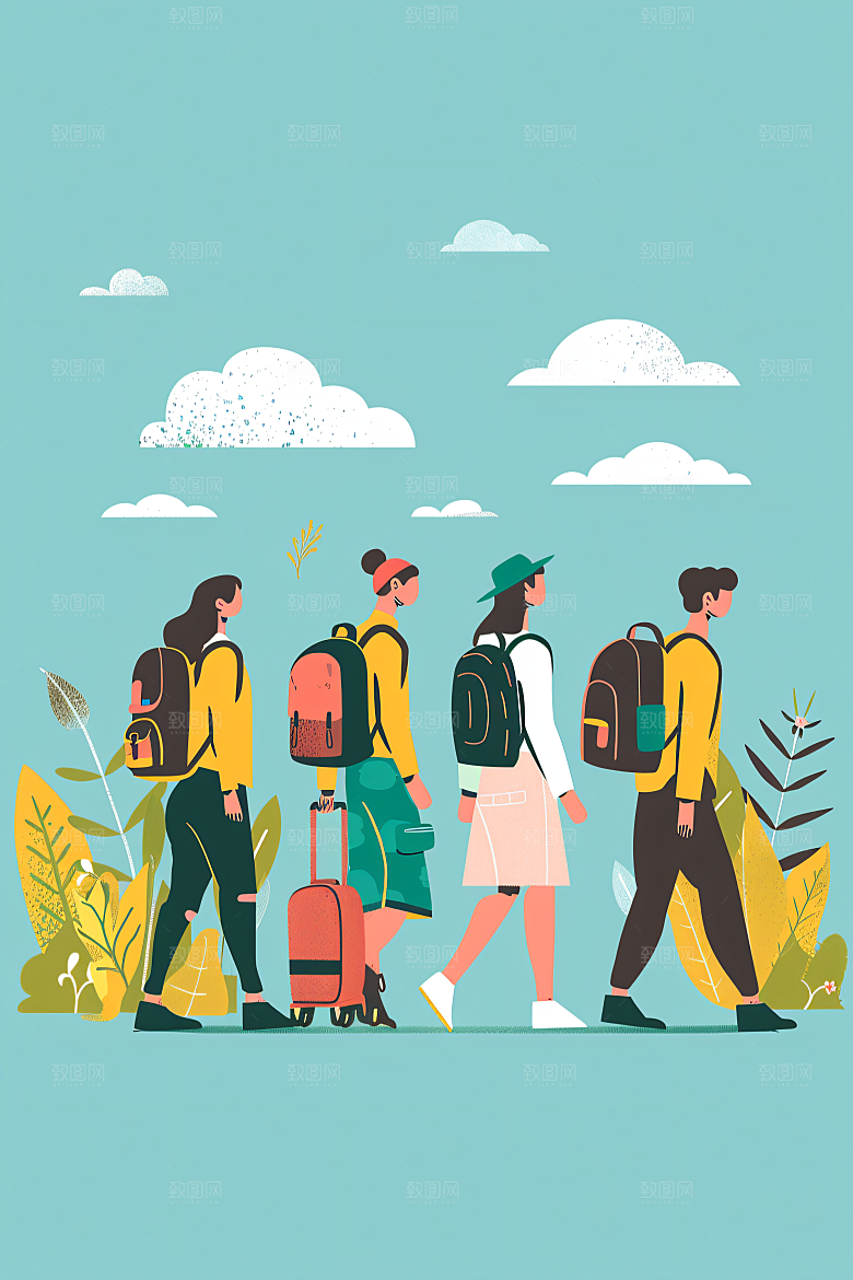 扁平风旅游彩色旅行插画